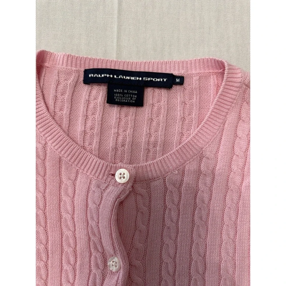 Ralph Lauren Sport Pink Cable Knit Cardigan Button Front Sweater Medium Classic - Picture 3 of 5